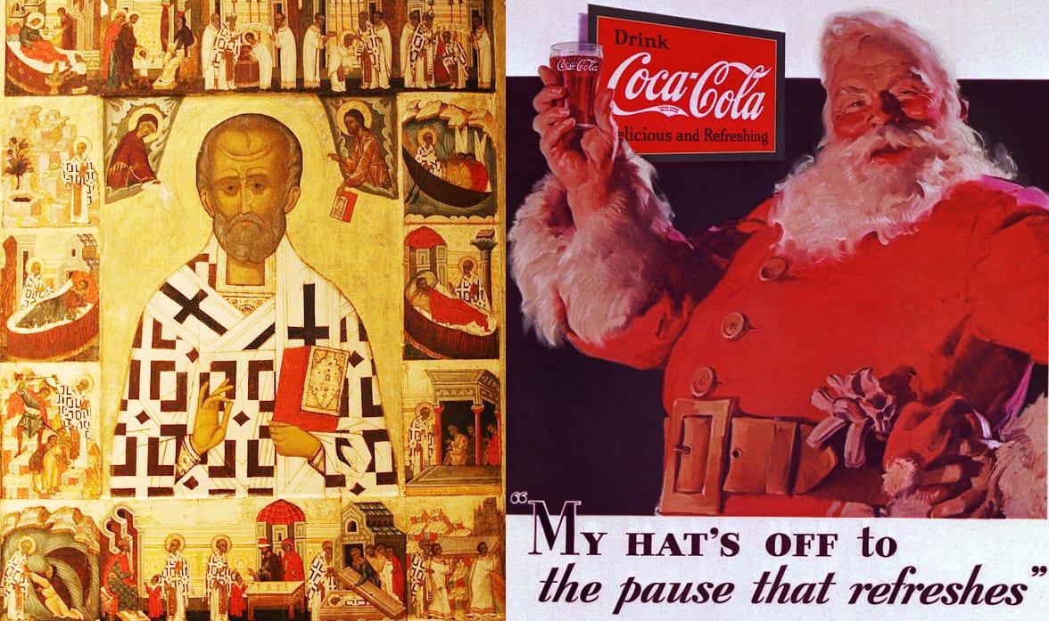 Kiri: Santo Nikolas, basis figur Sinterklas, dalam lukisan Rusia abad 15, disimpan di Mesum Nasional Stockholm (sumber: wikiwand.com). Kanan: Sinterklas, atau Santa Claus, untuk pertama kali menjadi bagian dari iklan Coca-Cola, dimuat di majalah The Saturday Evening Post tahun 1931 (sumber: coca-colacompany.com).
